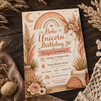 Neutral and Rainbow Boho Unicorn 4th Birthday Invitation for Girls — floral design