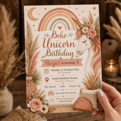 Neutral and Rainbow Boho Unicorn 4th Birthday Invitation for Girls — print-ready 4th birthday party design from VoltBy