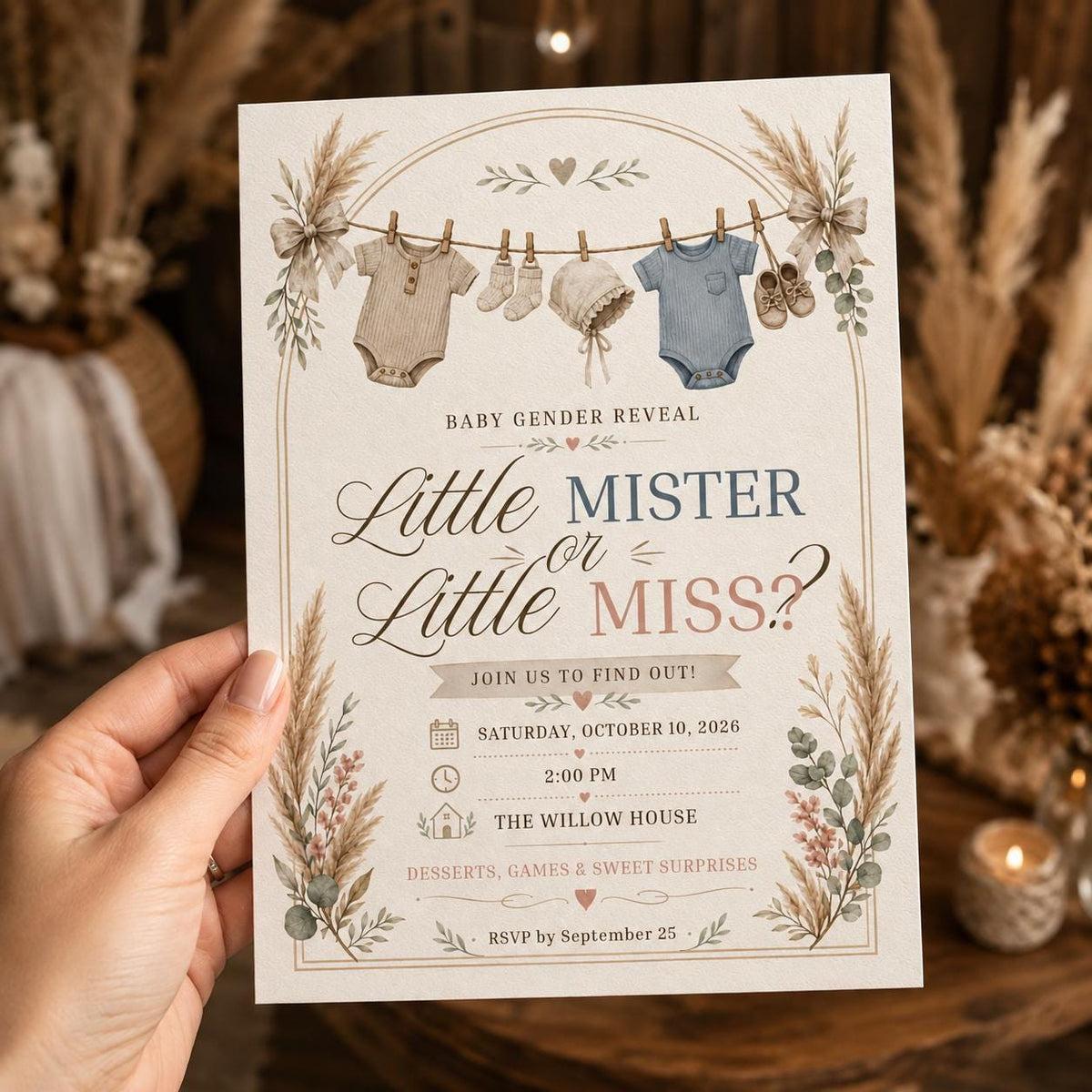 Neutral Boho Little Mister or Little Miss Gender Reveal Invitation — print-ready gender reveal design from VoltBy