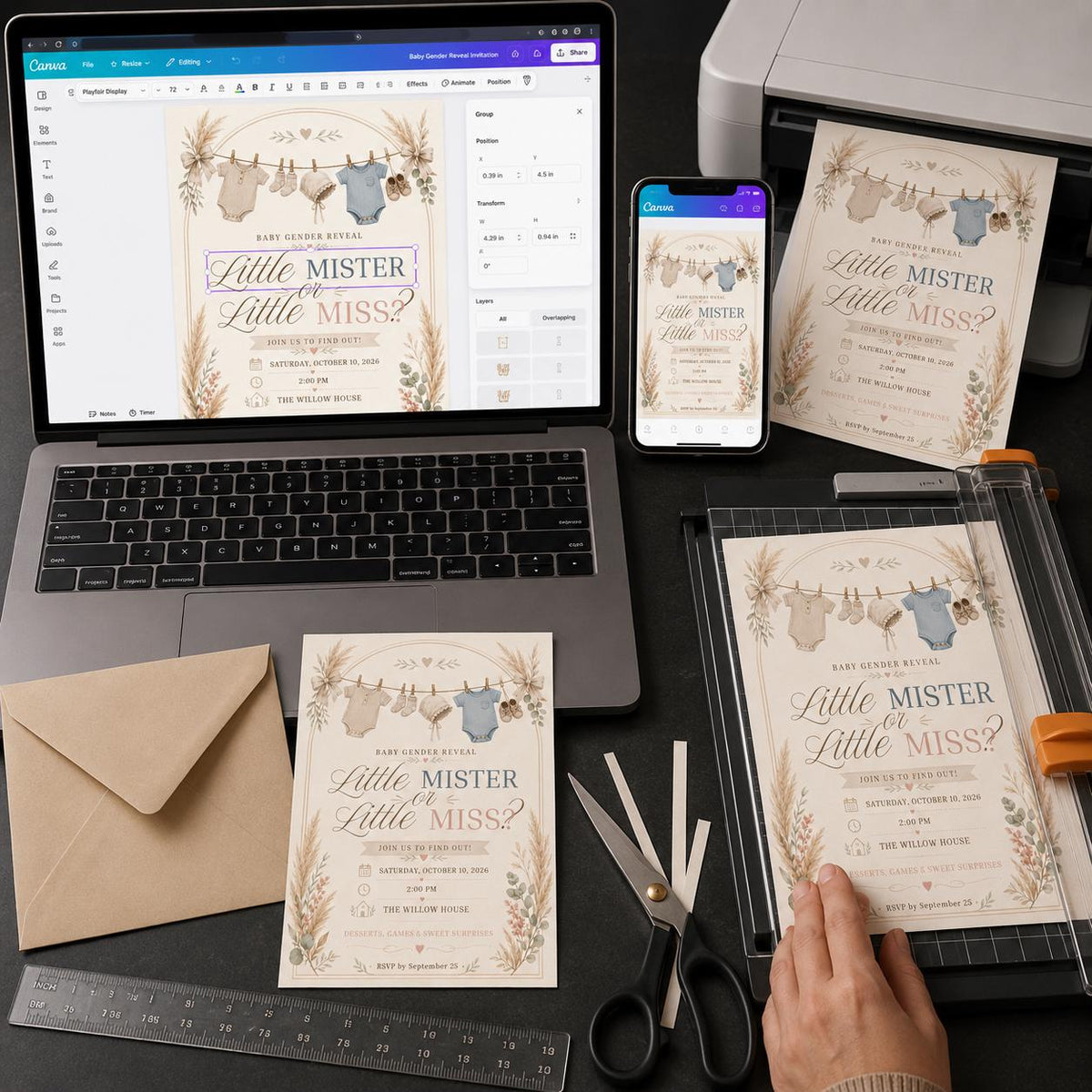 Neutral Boho Little Mister or Little Miss Gender Reveal Invitation — digital invitation, instant download