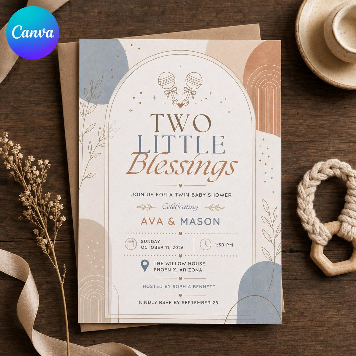 Neutral Boho Twin Baby Shower Invitation — editable Canva template