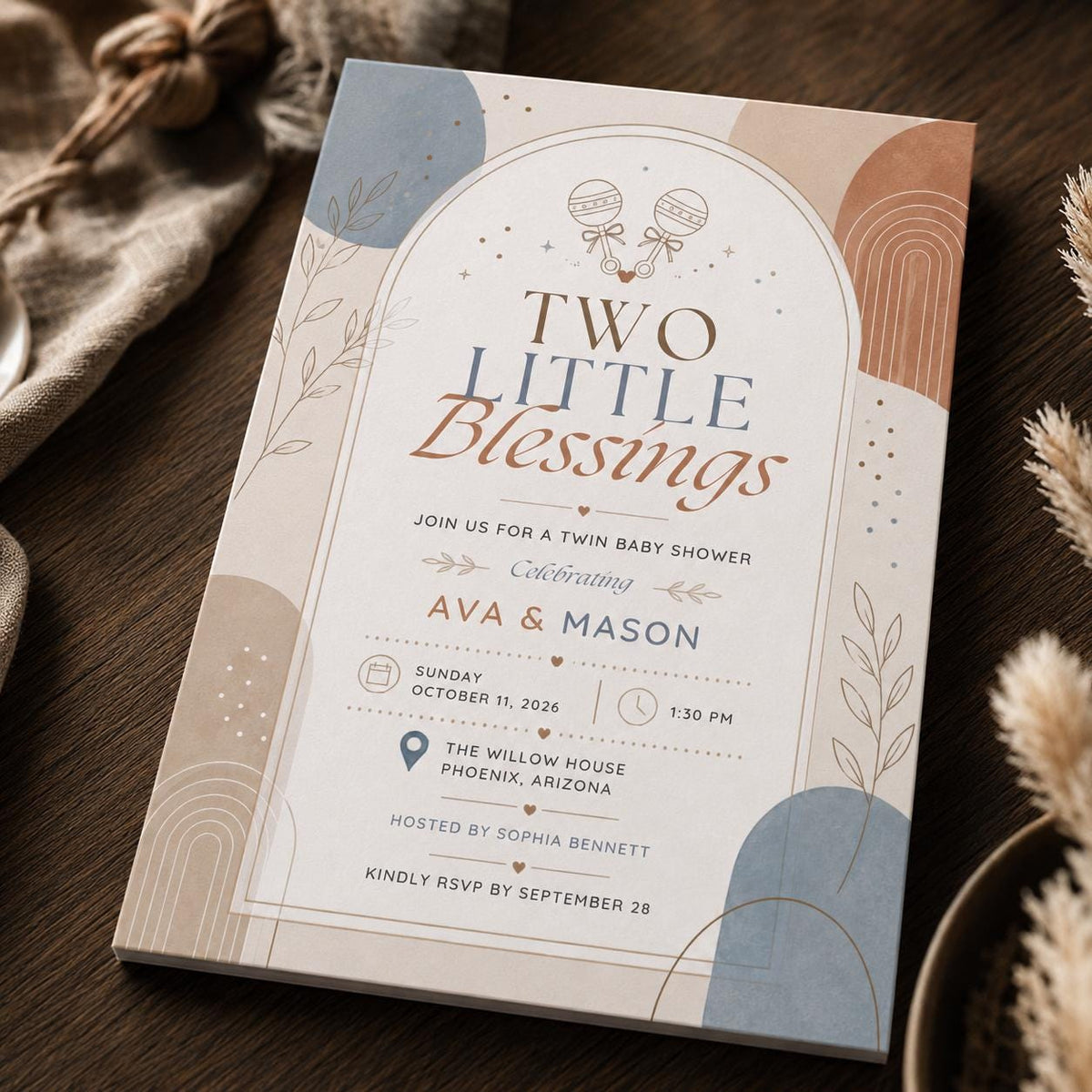 Neutral Boho Twin Baby Shower Invitation — invitation you personalize in Canva