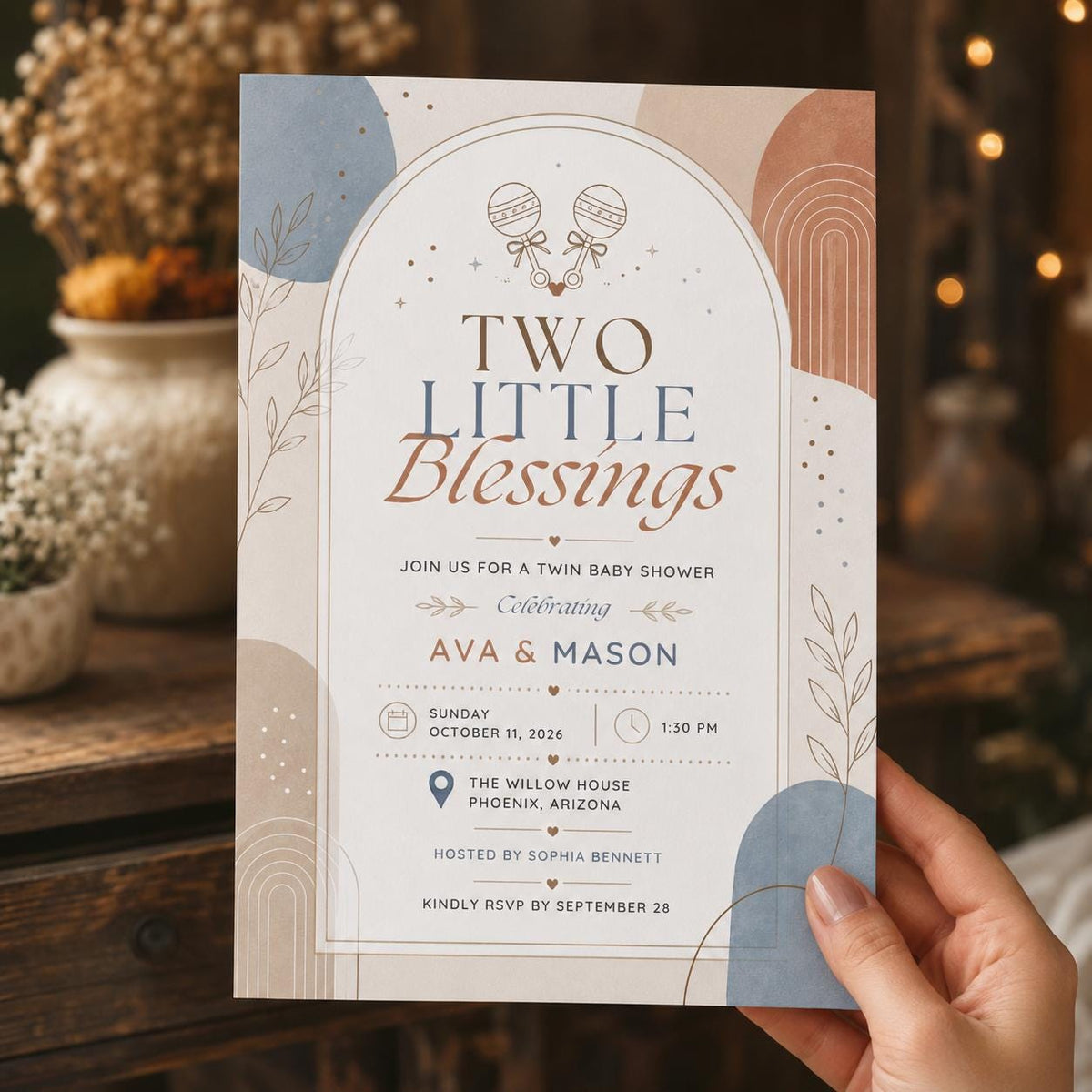 Neutral Boho Twin Baby Shower Invitation — print-ready baby shower design from VoltBy