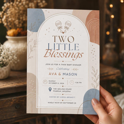 Neutral Boho Twin Baby Shower Invitation — print-ready baby shower design from VoltBy