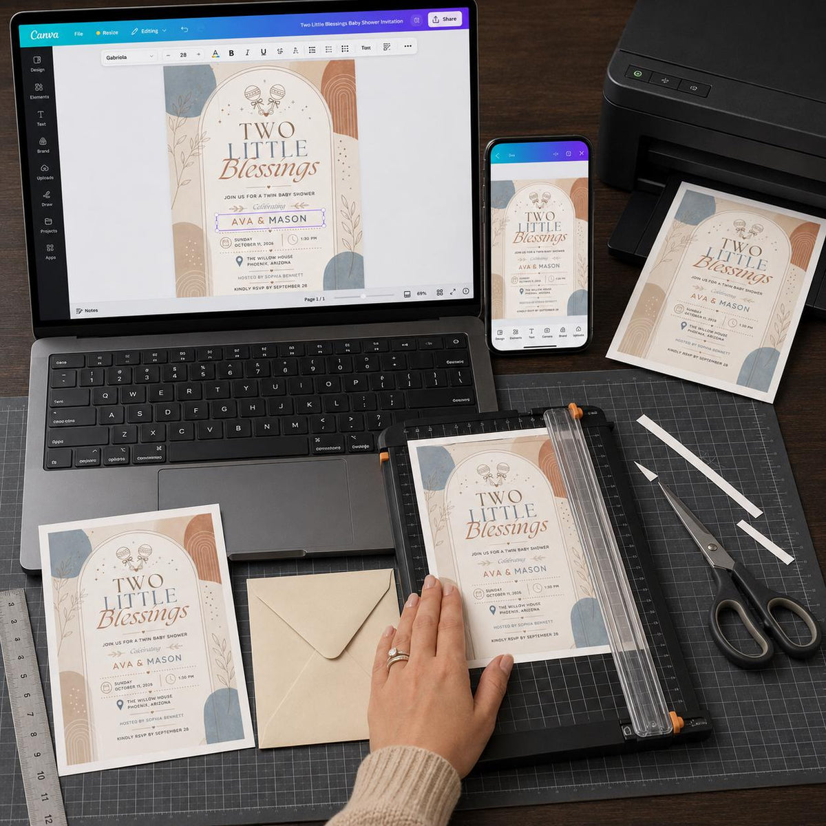 Neutral Boho Twin Baby Shower Invitation — digital invitation, instant download