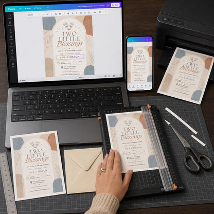 Neutral Boho Twin Baby Shower Invitation — digital invitation, instant download