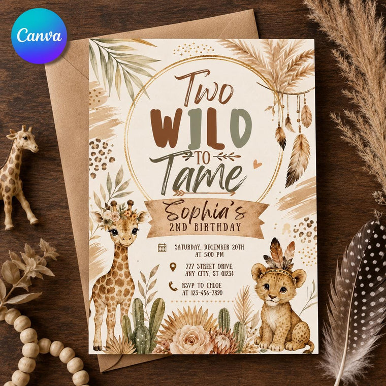 Neutral Boho Wild 2nd Birthday Invitation for Girls