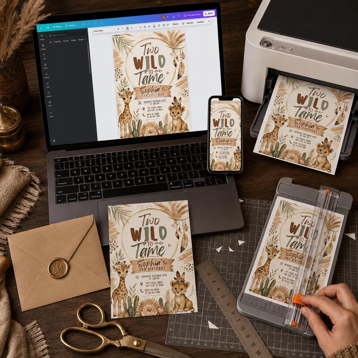 Neutral Boho Wild 2nd Birthday Invitation for Girls — invitation you personalize in Canva