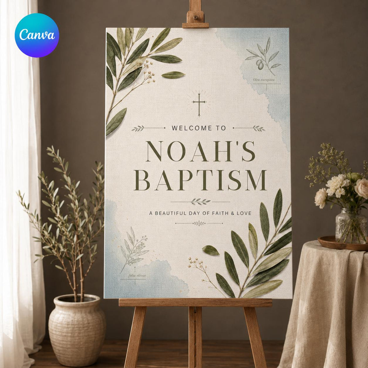 Neutral Botanical Baptism Welcome Sign — editable Canva template