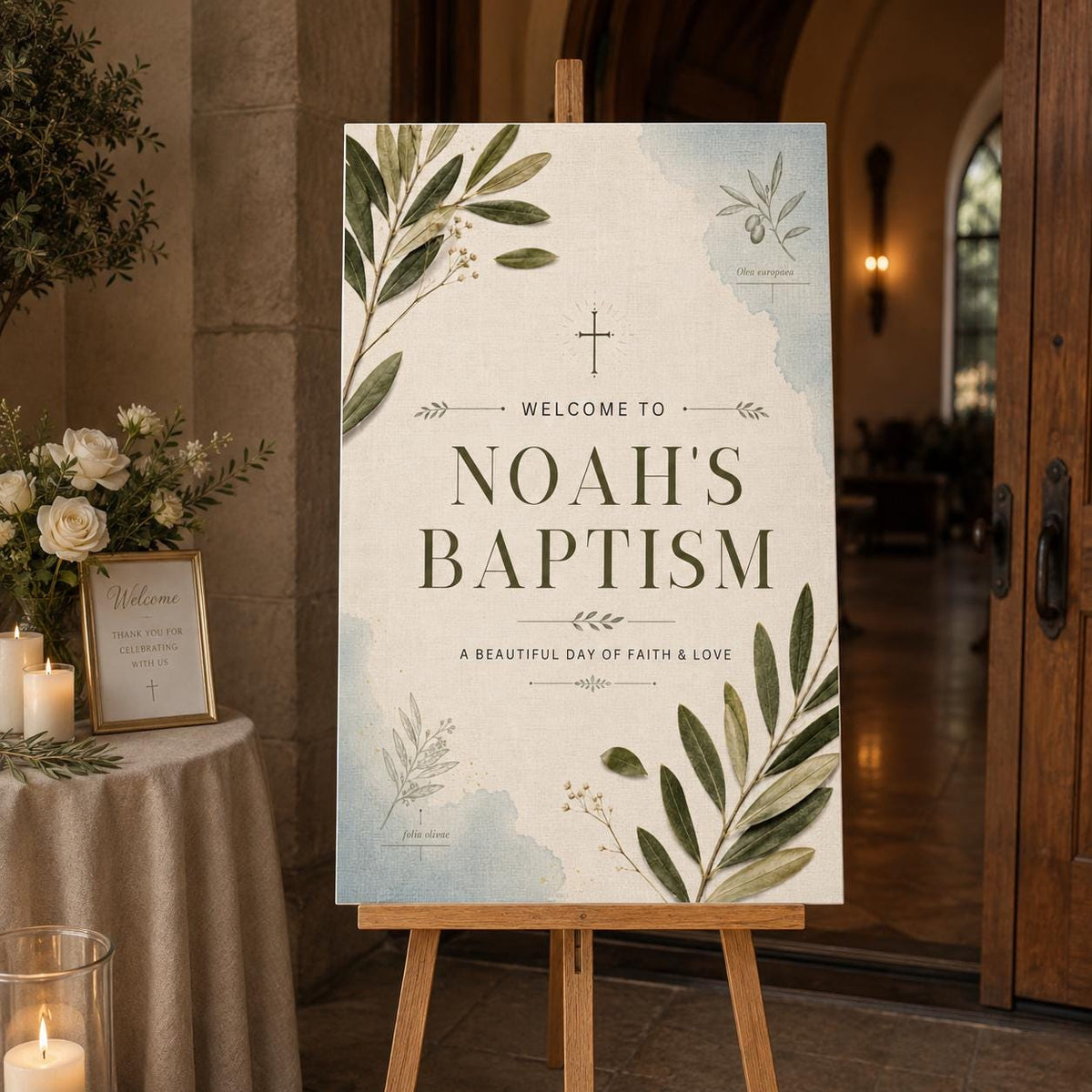 Neutral Botanical Baptism Welcome Sign — olive branch design