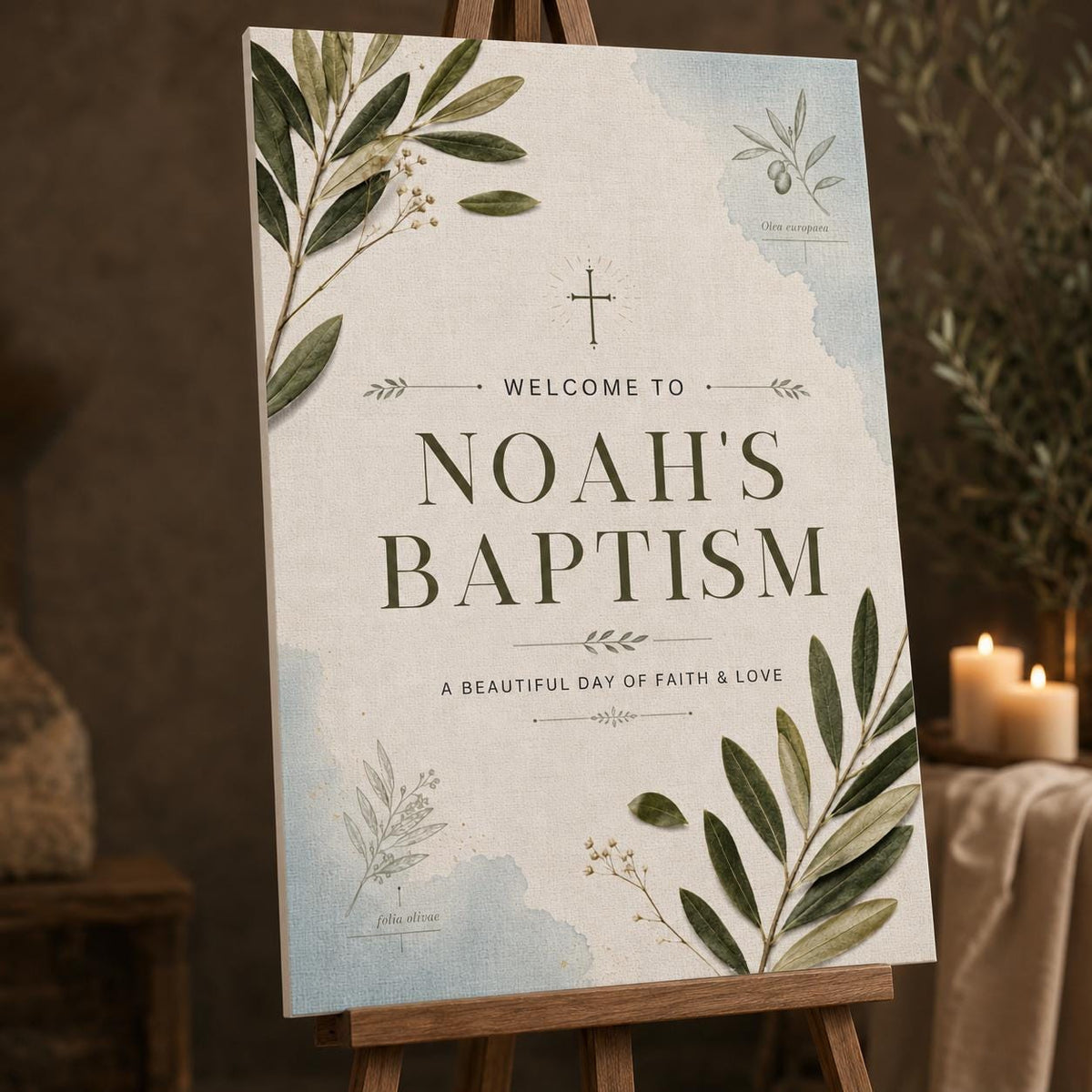 Neutral Botanical Baptism Welcome Sign — welcome sign you personalize in Canva
