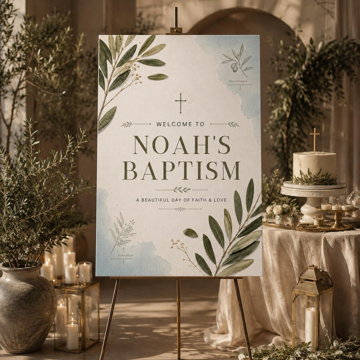 Neutral Botanical Baptism Welcome Sign — print-ready baptism design from VoltBy
