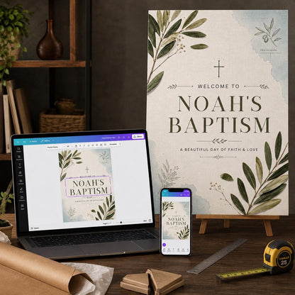 Neutral Botanical Baptism Welcome Sign — digital welcome sign, instant download