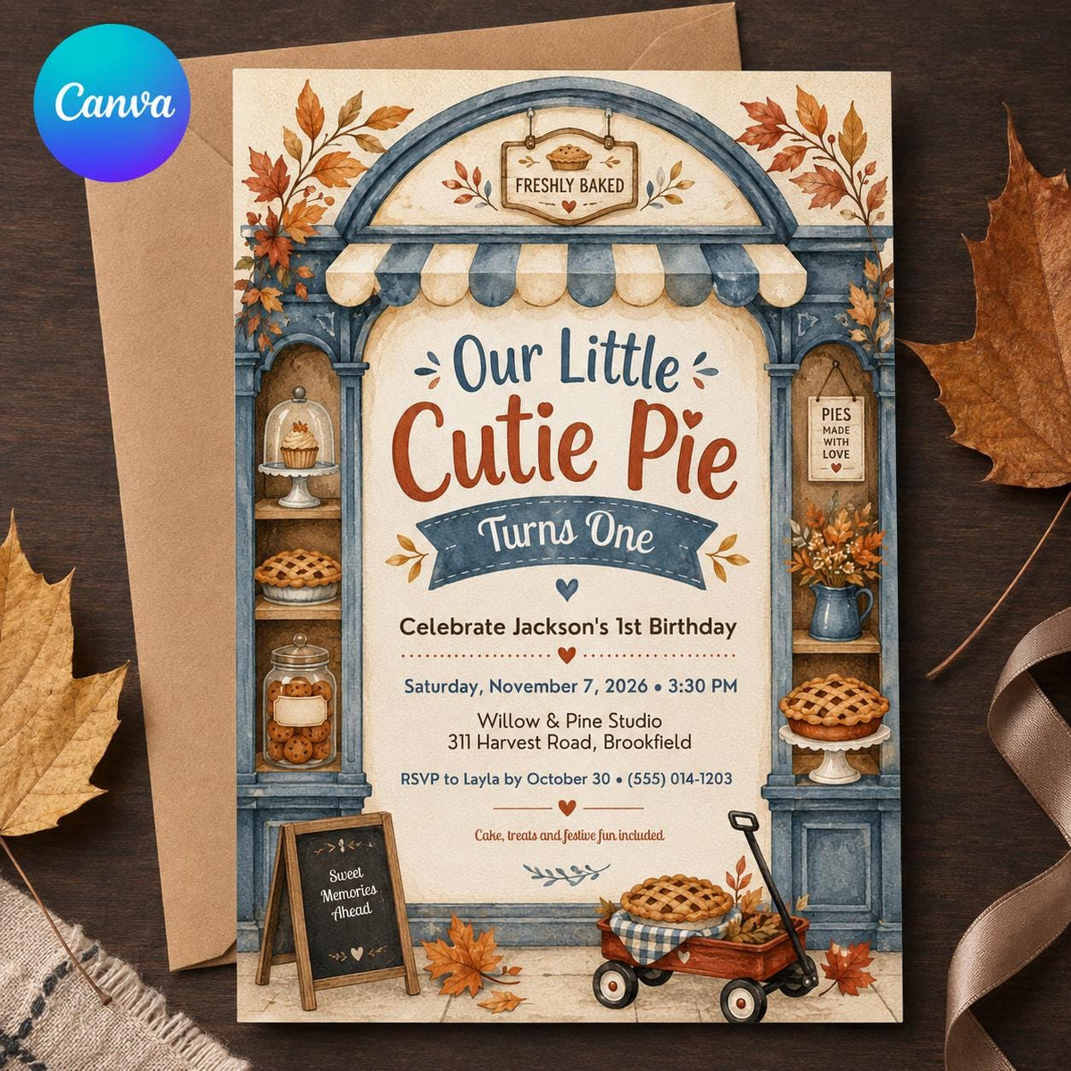 Neutral Cutie Pie First Birthday Invitation — editable Canva template