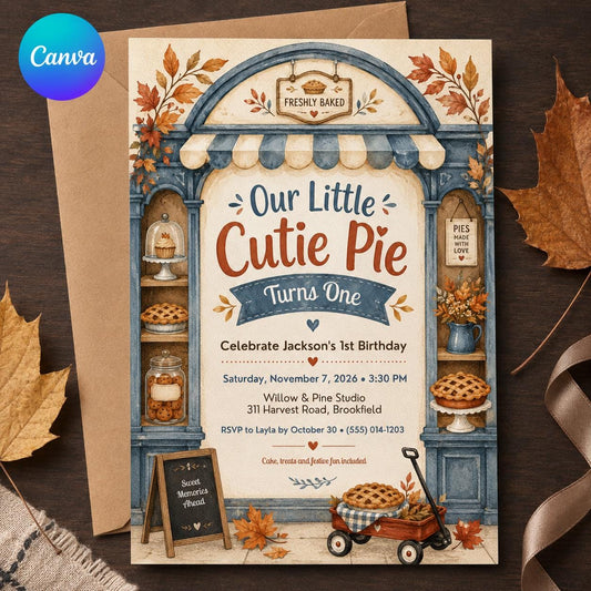 Neutral Cutie Pie First Birthday Invitation — editable Canva template