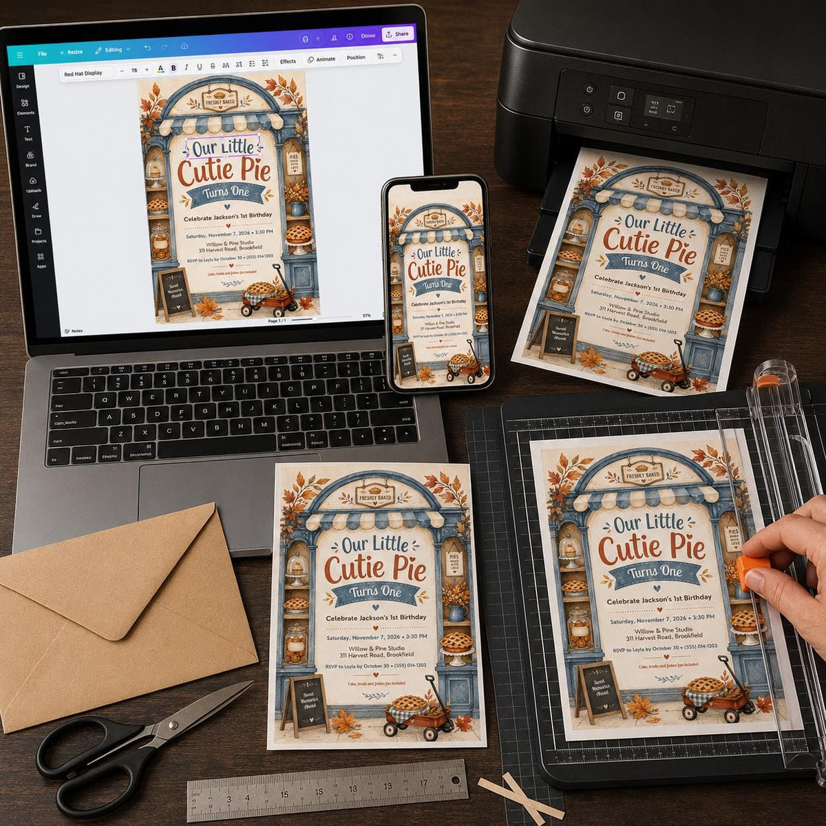 Neutral Cutie Pie First Birthday Invitation — baking and orange fruit design