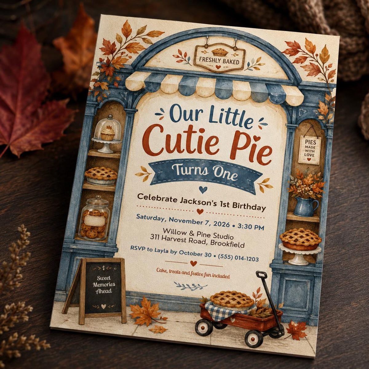 Neutral Cutie Pie First Birthday Invitation — invitation you personalize in Canva