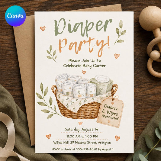 Neutral Diaper Party Invitation — editable Canva template