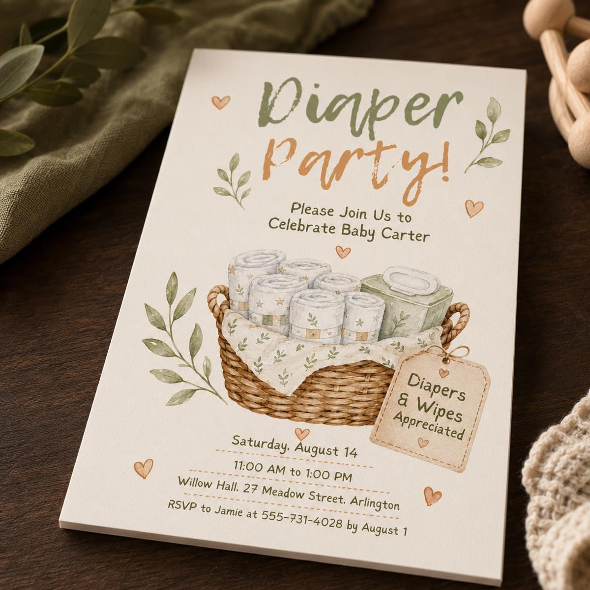Neutral Diaper Party Invitation — greenery design