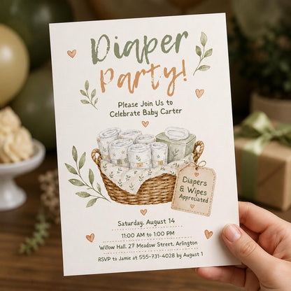 Neutral Diaper Party Invitation — invitation you personalize in Canva