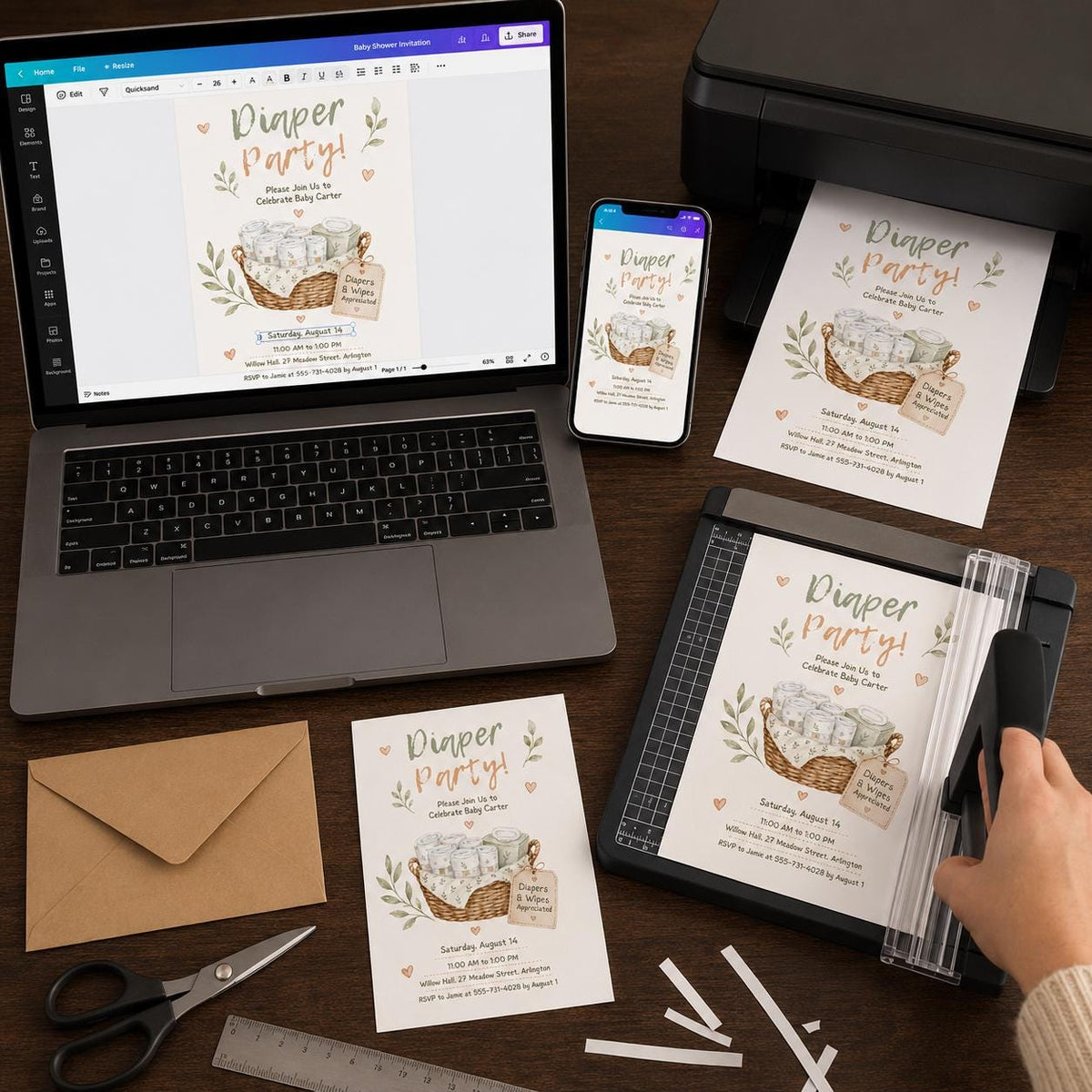 Neutral Diaper Party Invitation — print-ready baby shower design from VoltBy