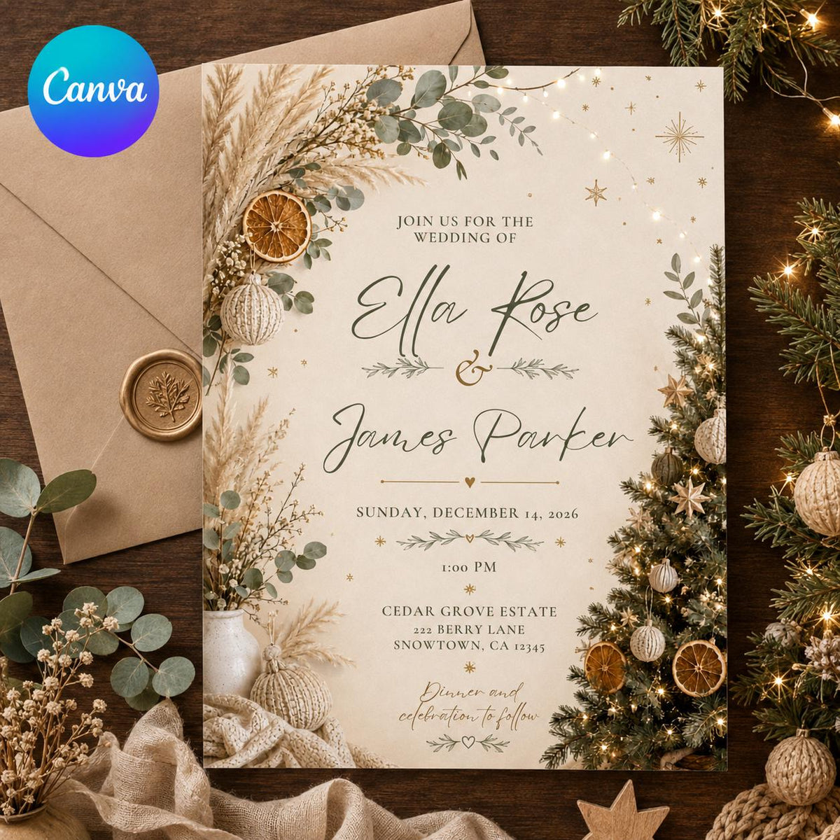 Neutral Elegant Boho Christmas Wedding Invitation — editable Canva template