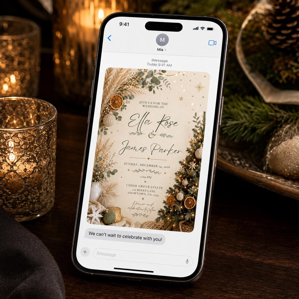 Neutral Elegant Boho Christmas Wedding Invitation — eucalyptus design