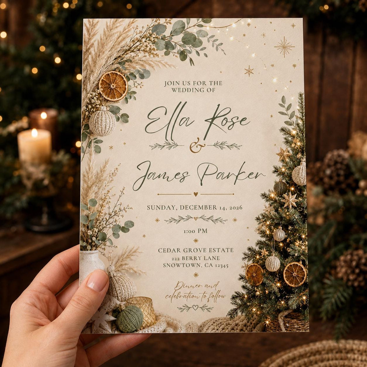 Neutral Elegant Boho Christmas Wedding Invitation — invitation you personalize in Canva