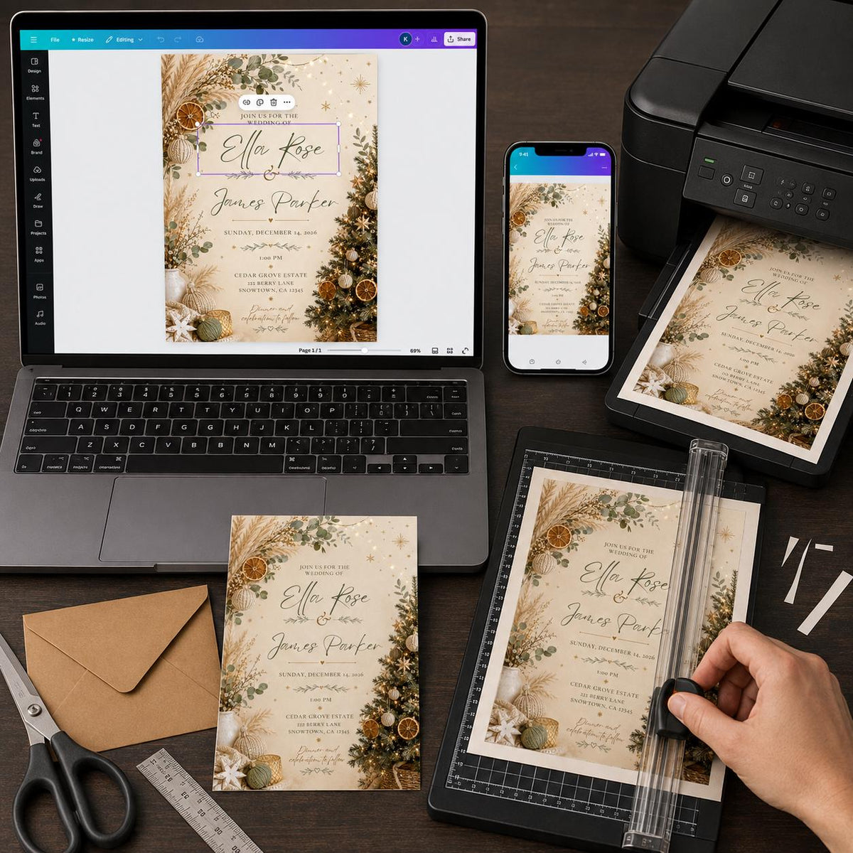 Neutral Elegant Boho Christmas Wedding Invitation — print-ready wedding design from VoltBy