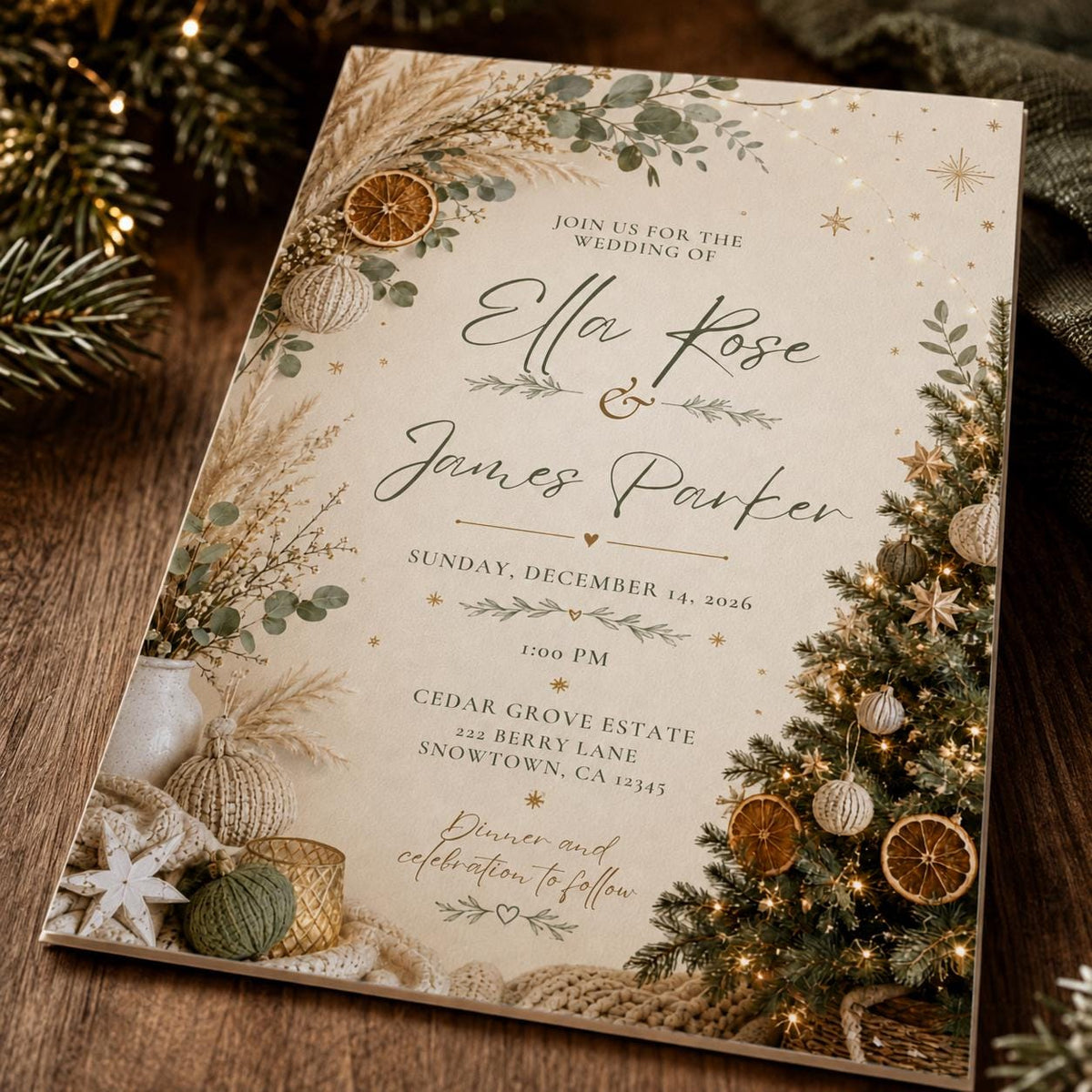 Neutral Elegant Boho Christmas Wedding Invitation — digital invitation, instant download