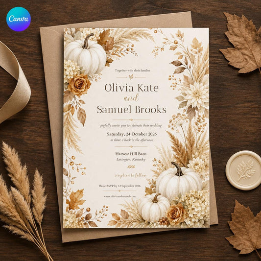 Neutral Elegant Fall Pumpkin Wedding Invitation — editable Canva template