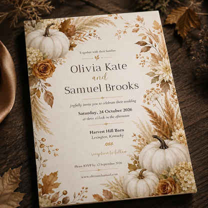 Neutral Elegant Fall Pumpkin Wedding Invitation — floral design