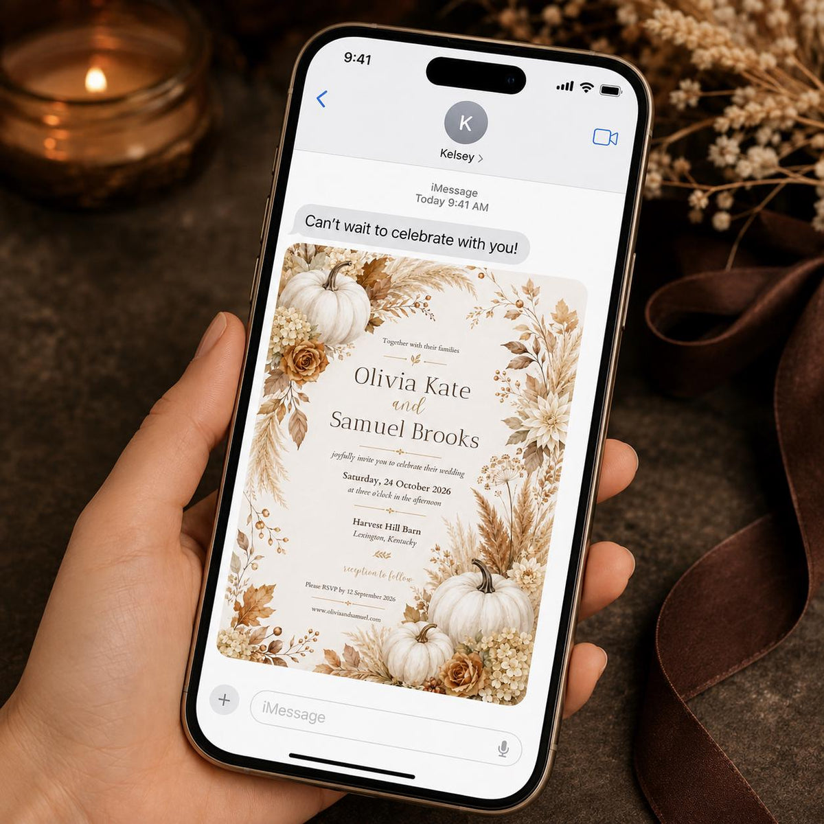 Neutral Elegant Fall Pumpkin Wedding Invitation — invitation you personalize in Canva