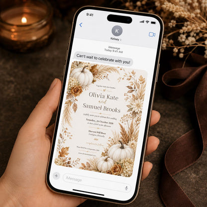 Neutral Elegant Fall Pumpkin Wedding Invitation — invitation you personalize in Canva