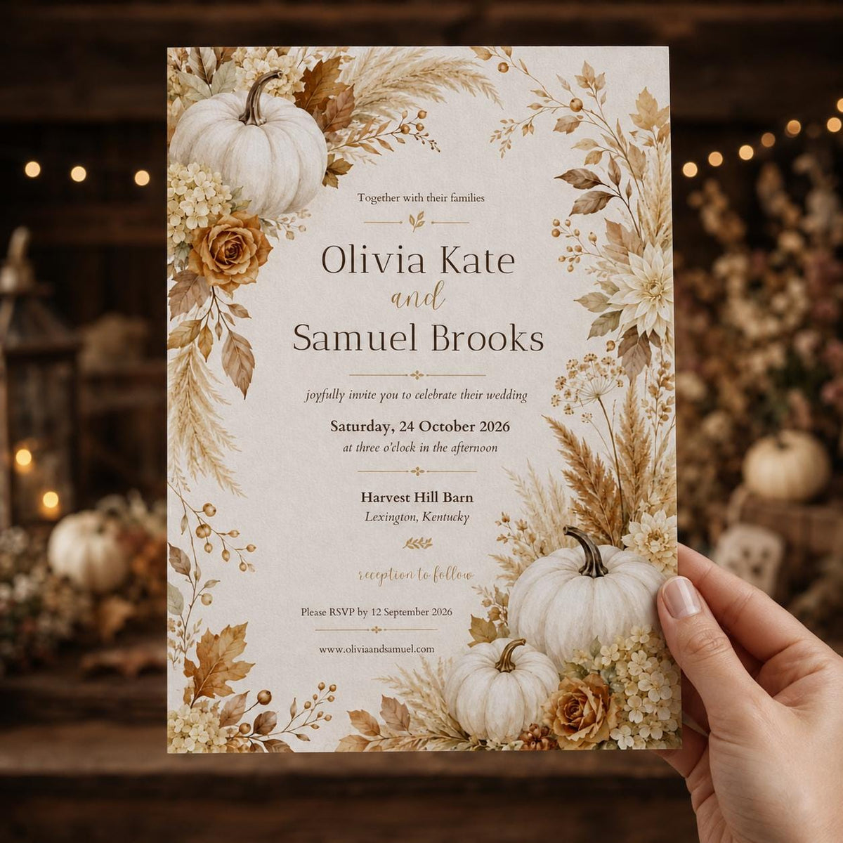 Neutral Elegant Fall Pumpkin Wedding Invitation — boho wedding design