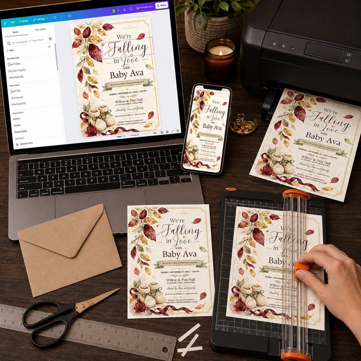Neutral Elegant Falling in Love Baby Shower Invitation — print-ready baby shower design from VoltBy