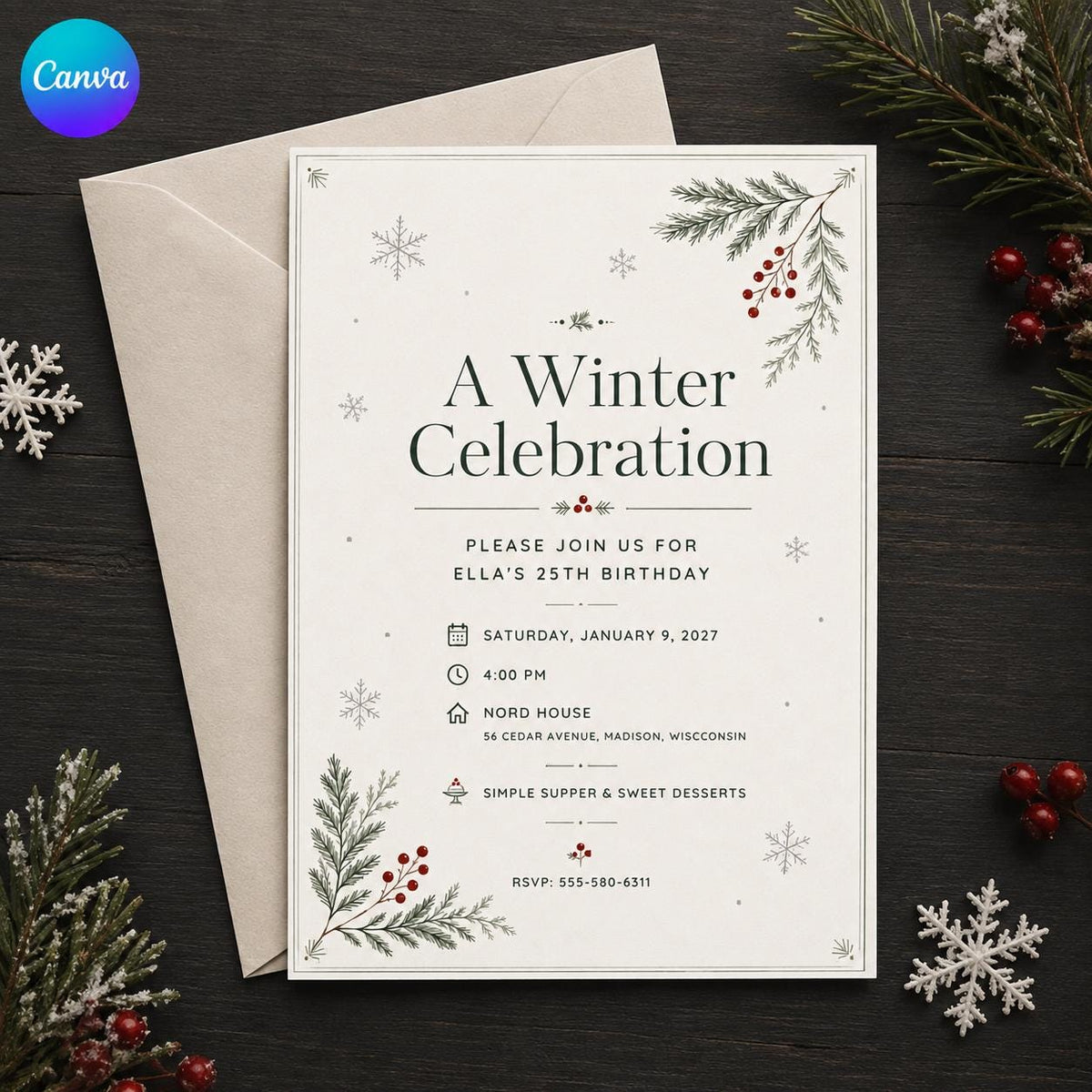 Neutral Elegant Minimalist Winter 25th Birthday Invitation — editable Canva template