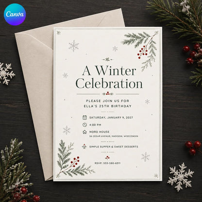 Neutral Elegant Minimalist Winter 25th Birthday Invitation — editable Canva template