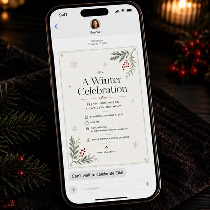 Neutral Elegant Minimalist Winter 25th Birthday Invitation — greenery and snowflake design