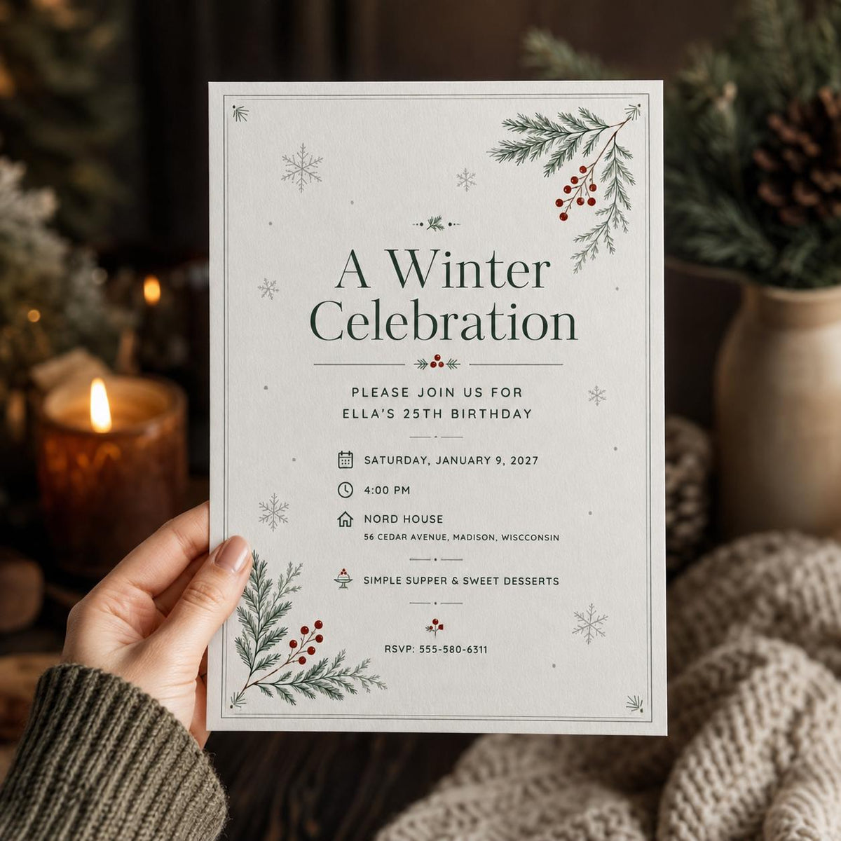 Neutral Elegant Minimalist Winter 25th Birthday Invitation — invitation you personalize in Canva