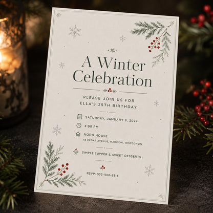 Neutral Elegant Minimalist Winter 25th Birthday Invitation — digital invitation, instant download