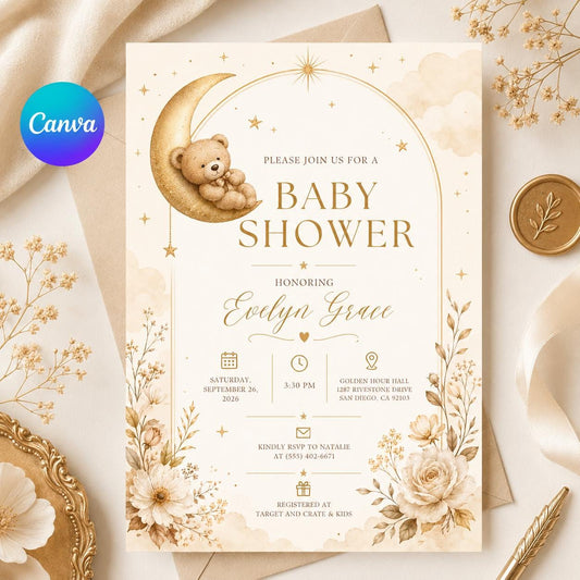 Neutral Elegant Teddy Bear Baby Shower Invitation — editable Canva template