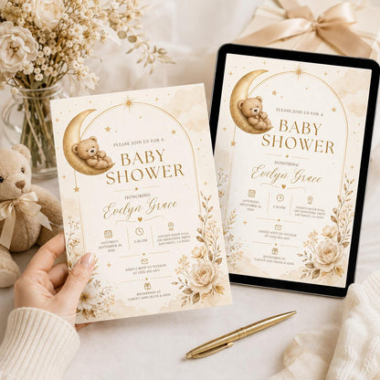 Neutral Elegant Teddy Bear Baby Shower Invitation — celestial design