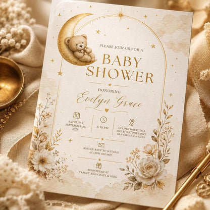 Neutral Elegant Teddy Bear Baby Shower Invitation — invitation you personalize in Canva