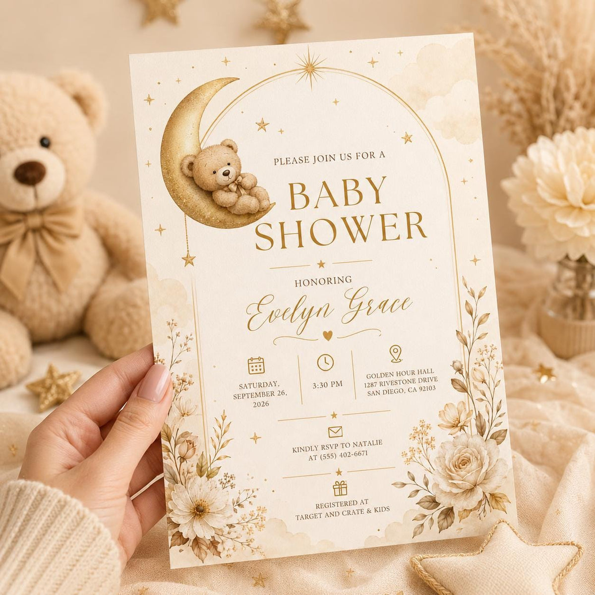 Neutral Elegant Teddy Bear Baby Shower Invitation — print-ready baby shower design from VoltBy