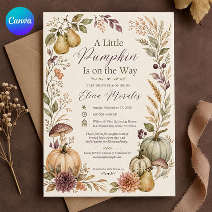 Neutral Floral Little Pumpkin Baby Shower Invitation — editable Canva template