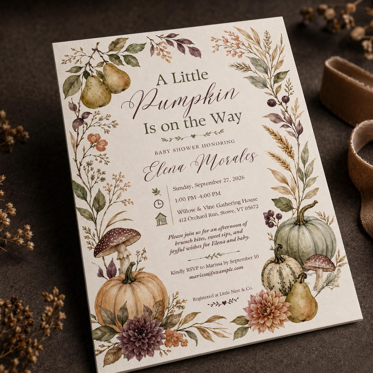 Neutral Floral Little Pumpkin Baby Shower Invitation — invitation you personalize in Canva