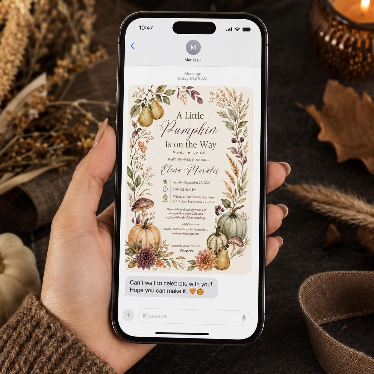 Neutral Floral Little Pumpkin Baby Shower Invitation — boho baby shower design