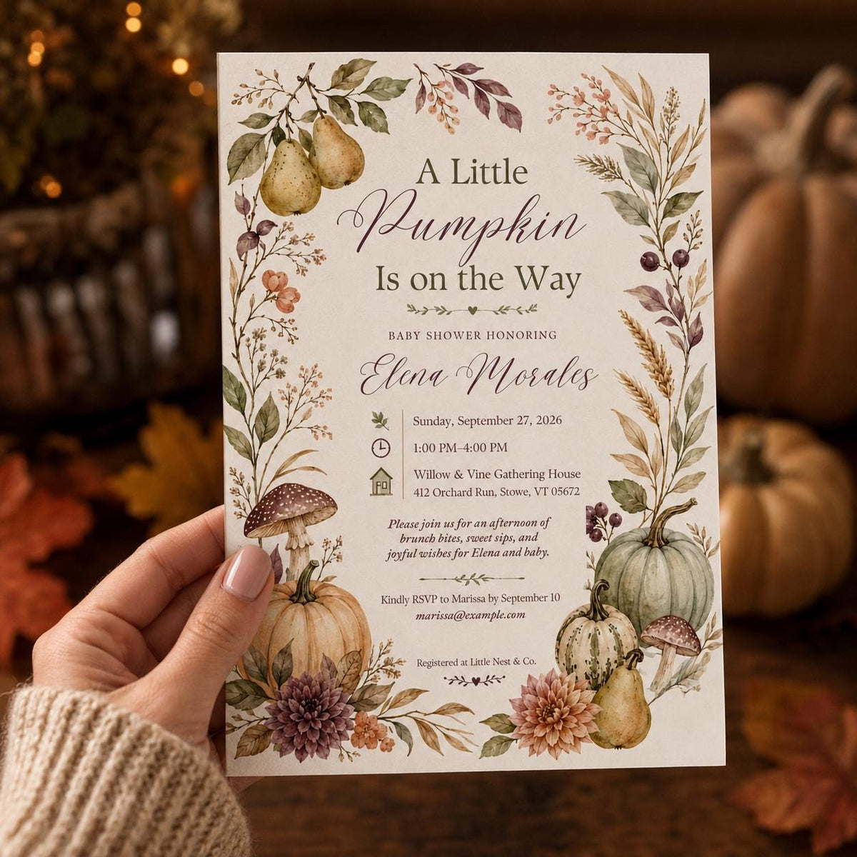 Neutral Floral Little Pumpkin Baby Shower Invitation — print-ready baby shower design from VoltBy