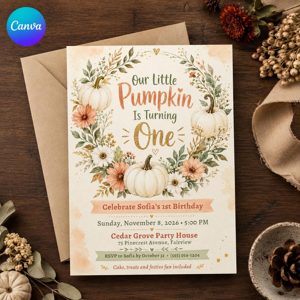 Neutral Floral Little Pumpkin First Birthday Invitation for Girls — editable Canva template